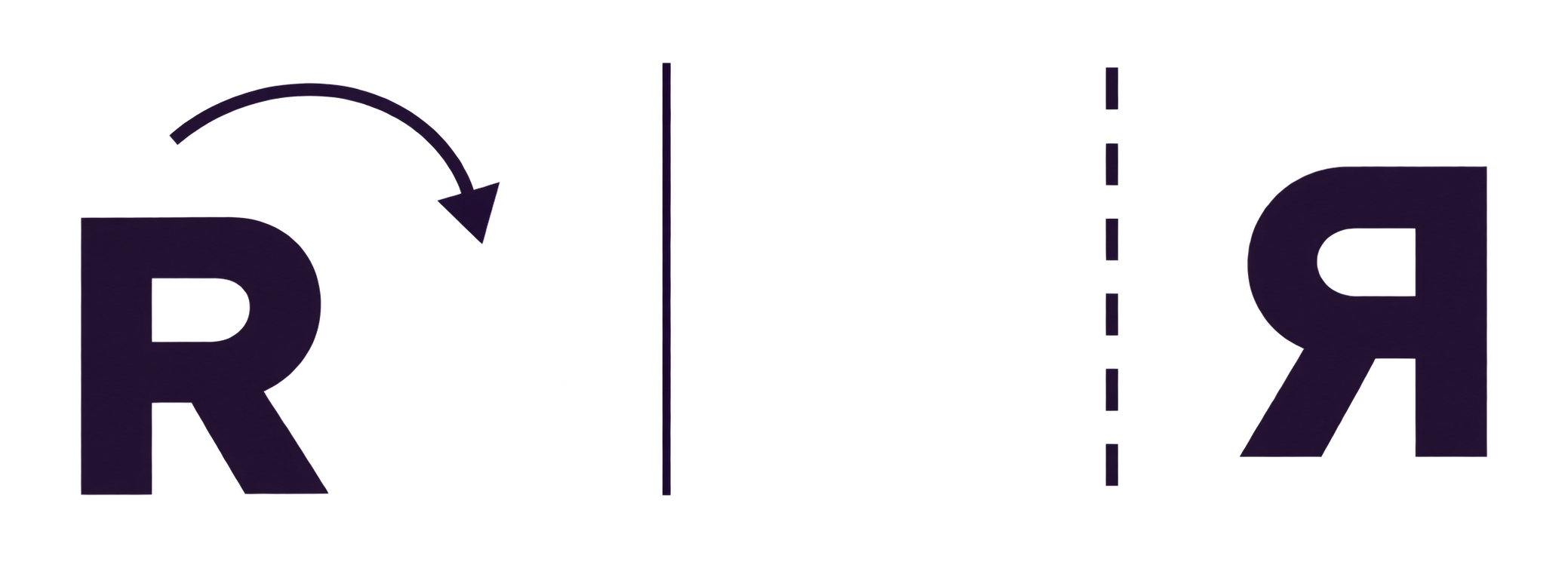 A letter rotated beside a mirrored letter, separated by a mirror axis