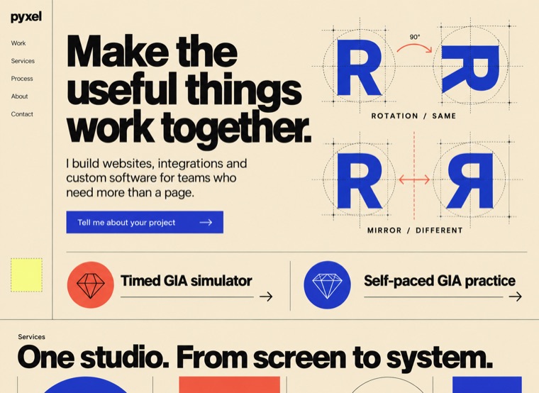 Engineering folio concept preview, a warm paper layout with rotation and mirror diagrams in blue